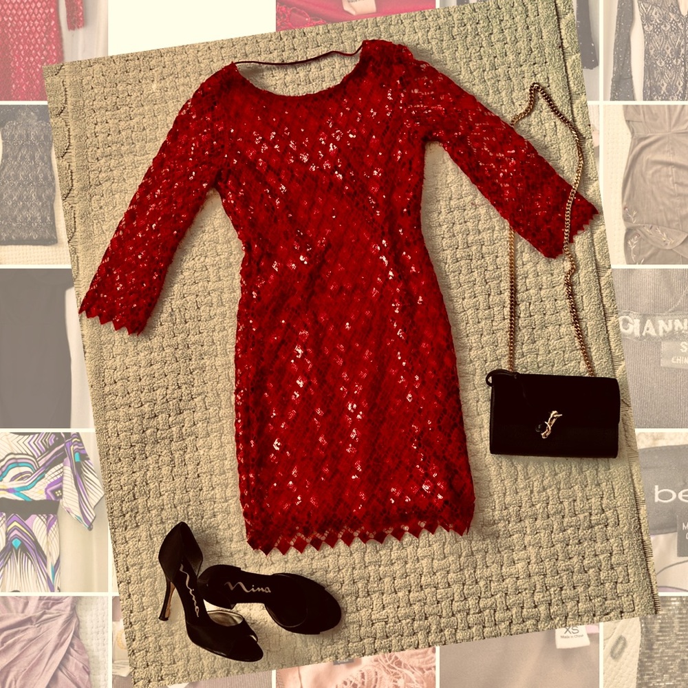 Clean red sequins evening dress